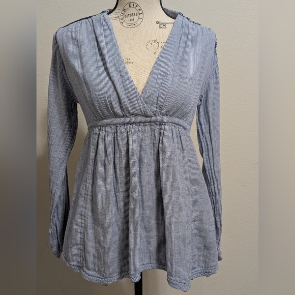 Free People Tops - Free People Blue & White Pinstripe V-Neck Empire Tunic